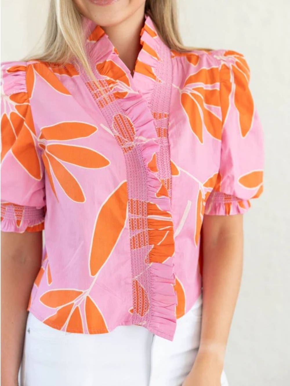 Karlie Pink & Orange Floral Ruffle Button-Front Blouse